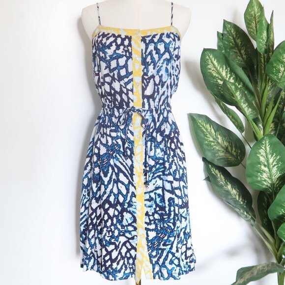 Rachel Roy Blue Yellow Abstract Print Sleeveless Drawstring Waist Summer Dress M - Picture 9 of 10
